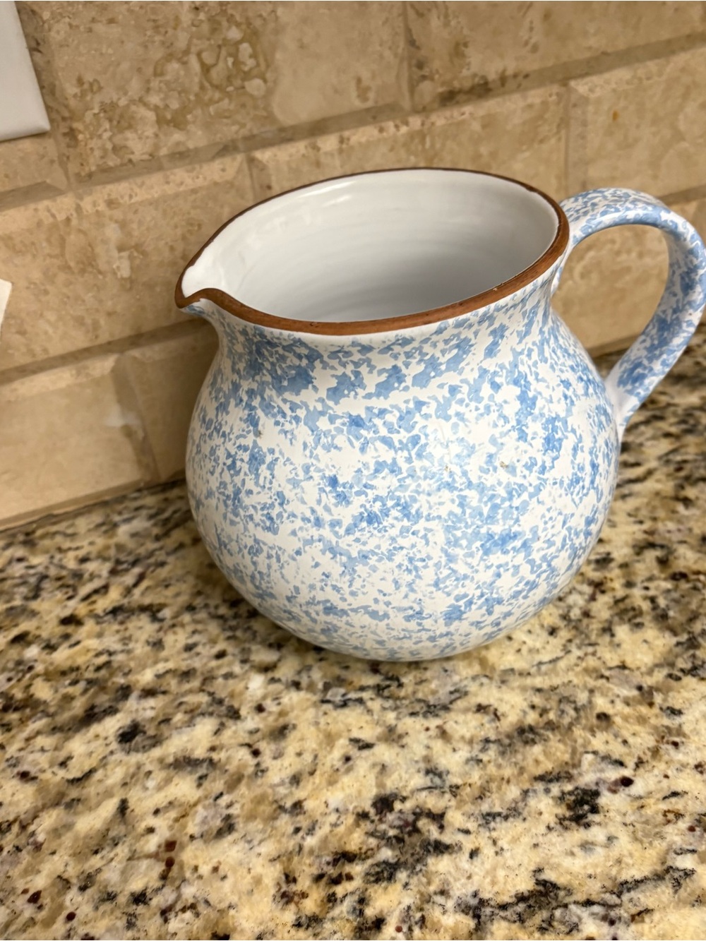 Blue Speckle Ceramic Pitcher with Brown Rim - Home Art